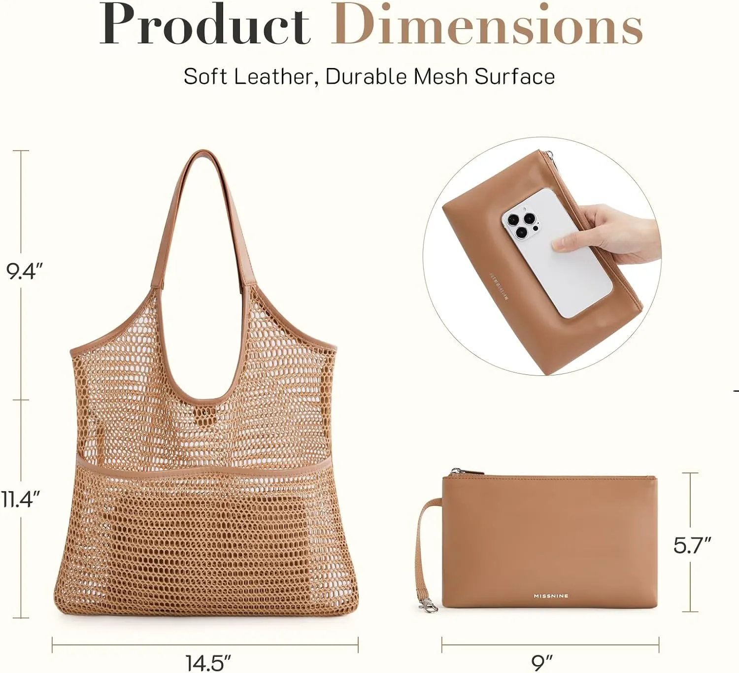Missnie Women Mesh Beach Bag - Sandproof Foldable Summer Tote Leather Hobo Purse with Pouch for Vacation, Travel Essentials