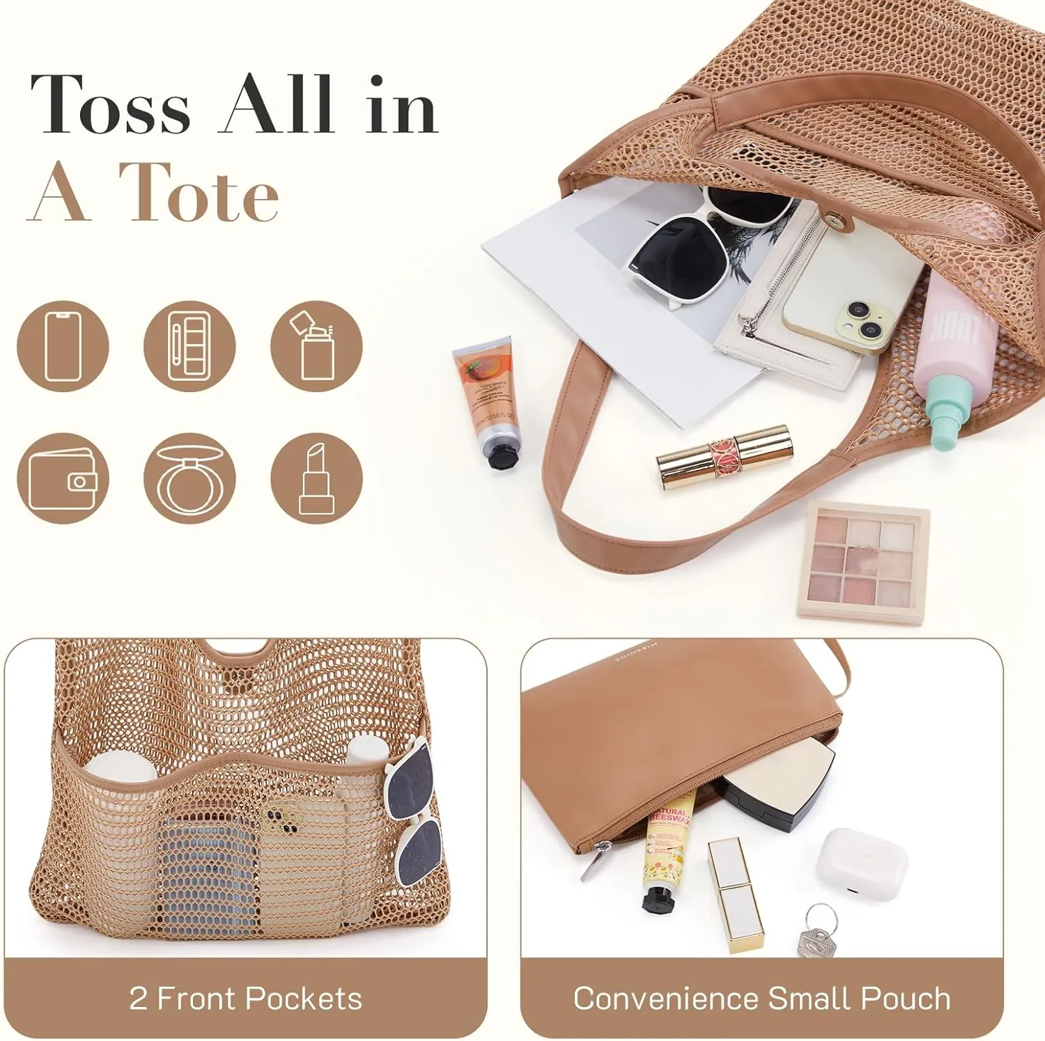 Missnie Women Mesh Beach Bag - Sandproof Foldable Summer Tote Leather Hobo Purse with Pouch for Vacation, Travel Essentials