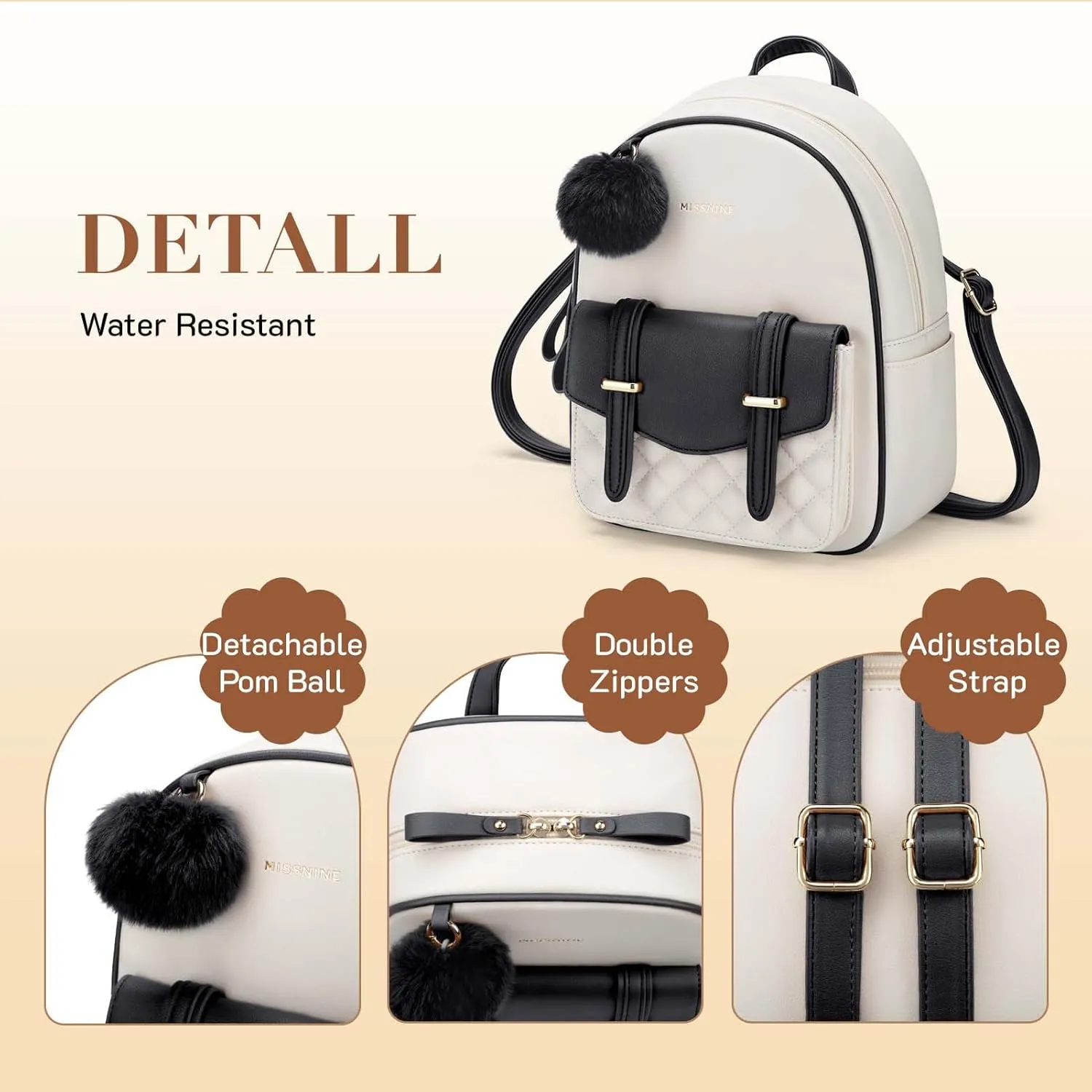 Missnine Mini Backpack for Women Cute Small Backpack Purse With Pompom PU Leather Bookbag Small Casual Daypacks For Ladies