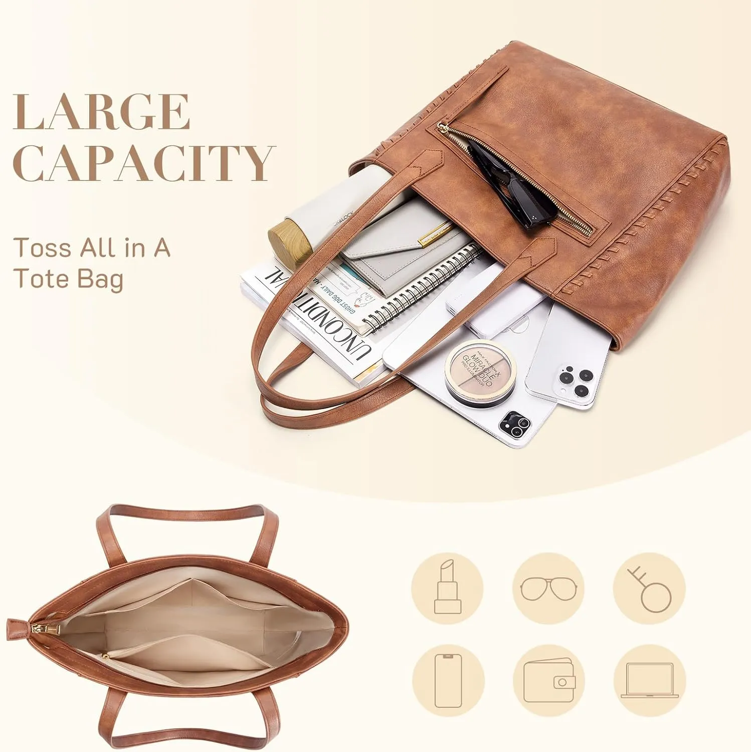 Missnine Tote Bag for Women, PU Leather Ladies Purses, Top-Handle Satchel Handbags with Braided Design for Work, Travel