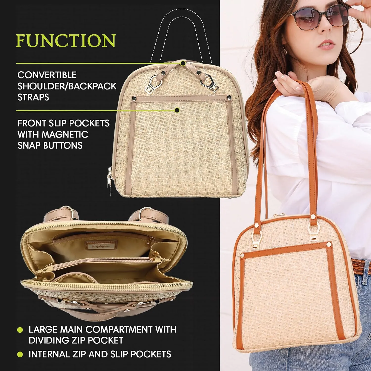 Miztique The Daisy Bamboo Straw Convertible Backpack Purse for Women (Camel) | Bamboo Straw Shoulder Strap Bag or Convertible Backpack | 10.5in x 4in x 11.5in |