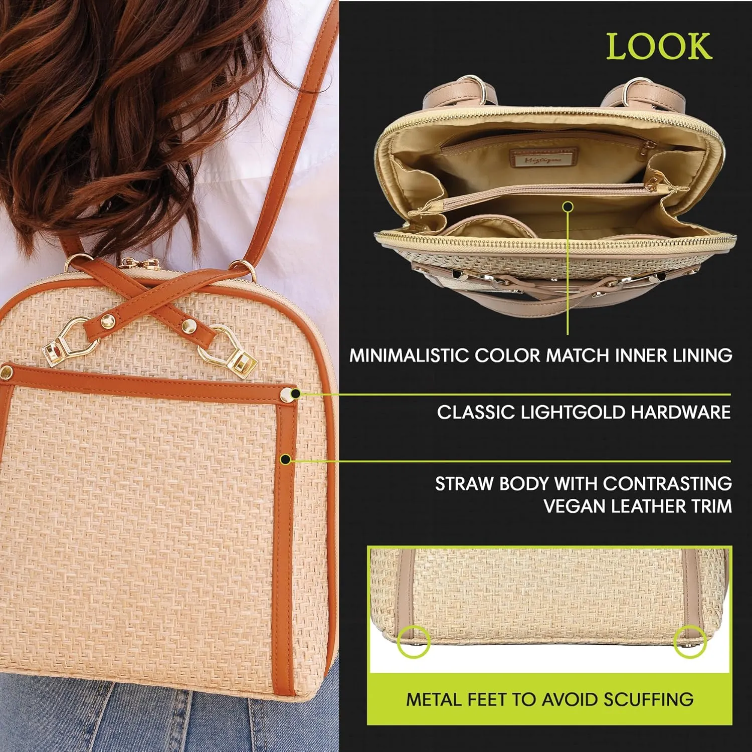 Miztique The Daisy Bamboo Straw Convertible Backpack Purse for Women (Camel) | Bamboo Straw Shoulder Strap Bag or Convertible Backpack | 10.5in x 4in x 11.5in |