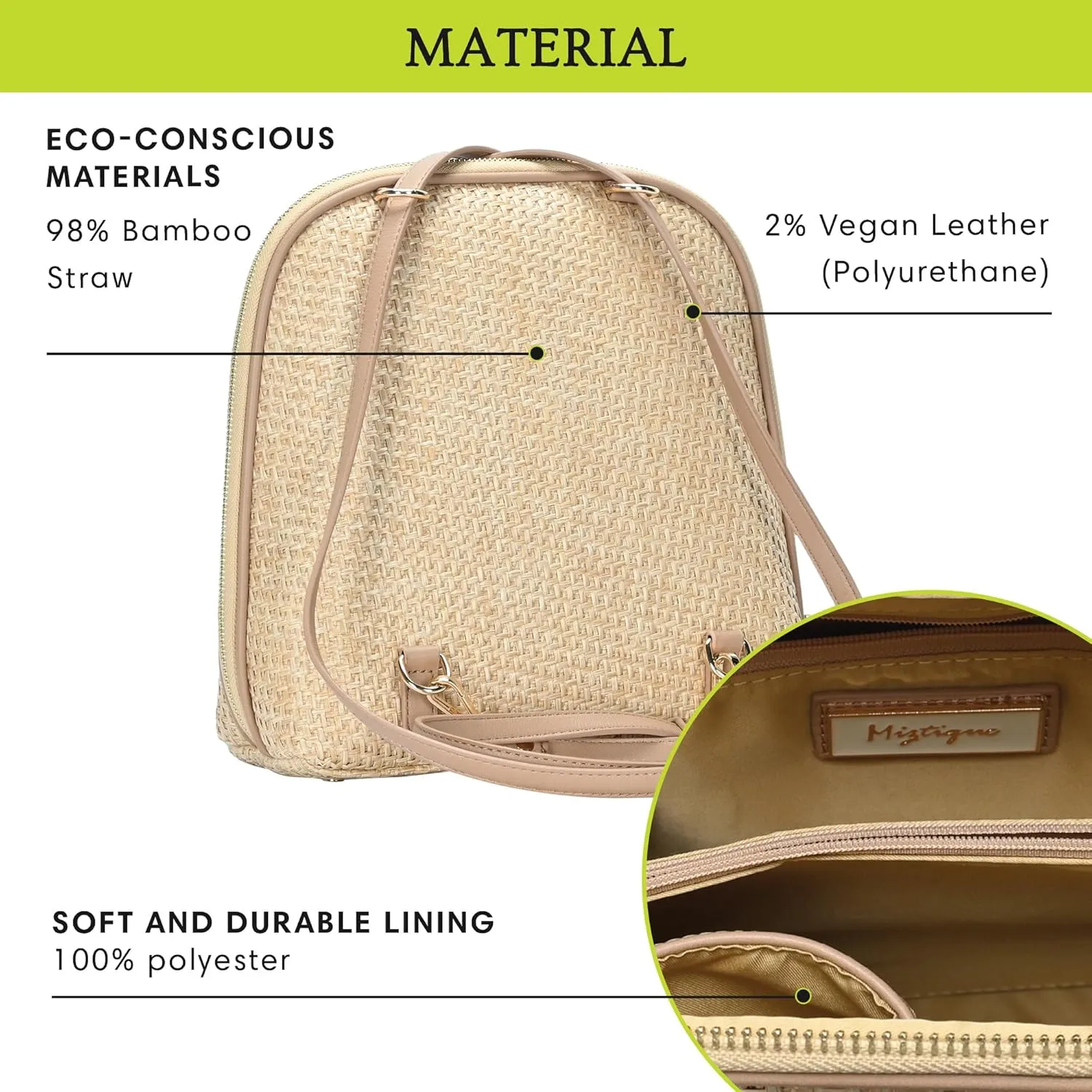 Miztique The Daisy Bamboo Straw Convertible Backpack Purse for Women (Camel) | Bamboo Straw Shoulder Strap Bag or Convertible Backpack | 10.5in x 4in x 11.5in |
