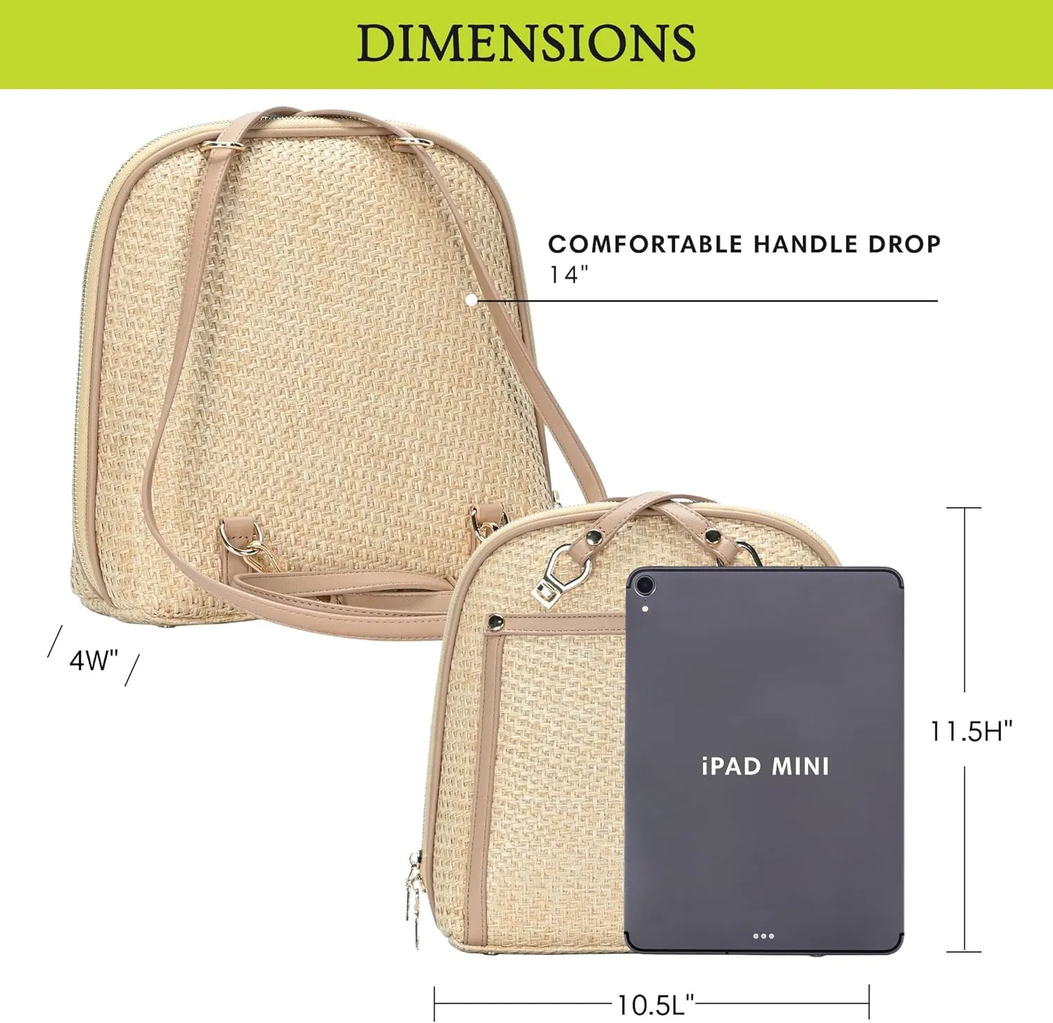 Miztique The Daisy Bamboo Straw Convertible Backpack Purse for Women (Camel) | Bamboo Straw Shoulder Strap Bag or Convertible Backpack | 10.5in x 4in x 11.5in |