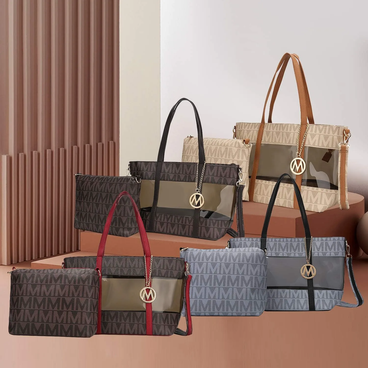 MKF Tote Shoulder Bag, Satchel Handbag for Women Set PU Leather Top Handle Purse, Gold-Tone Hardware