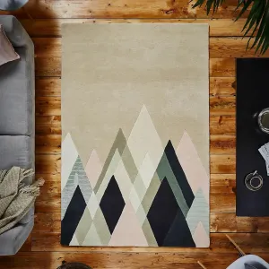 Modern Geometric Mountain Area Rug, Hand Tufted, Contemporary Design, Beige and Navy (3X5)