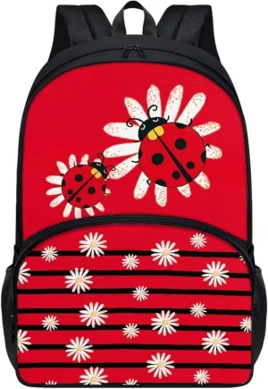 Modysero Red Stripes Ladybug Daisy Print Custom Student Backpack Lightweight Large Capacity School Bag with Two Side Pocket Travel Picnic Casual Backpack for Girls