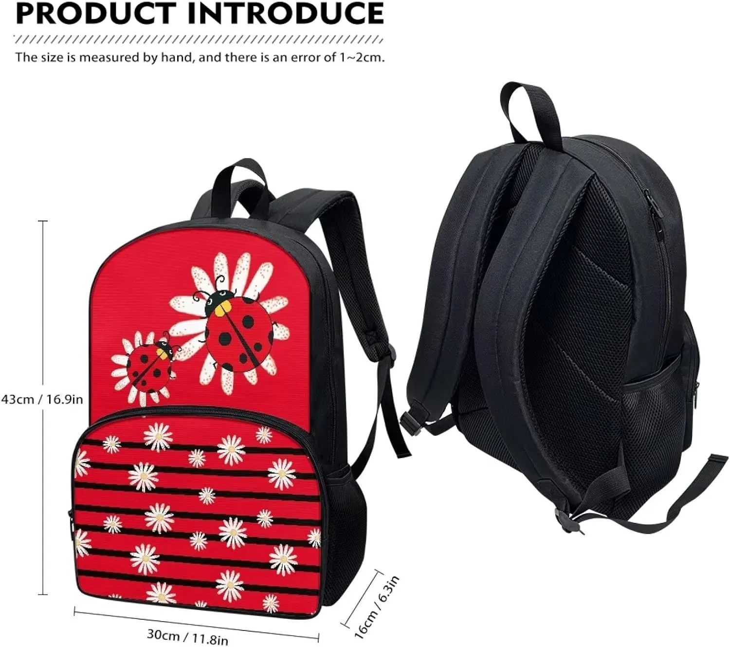 Modysero Red Stripes Ladybug Daisy Print Custom Student Backpack Lightweight Large Capacity School Bag with Two Side Pocket Travel Picnic Casual Backpack for Girls
