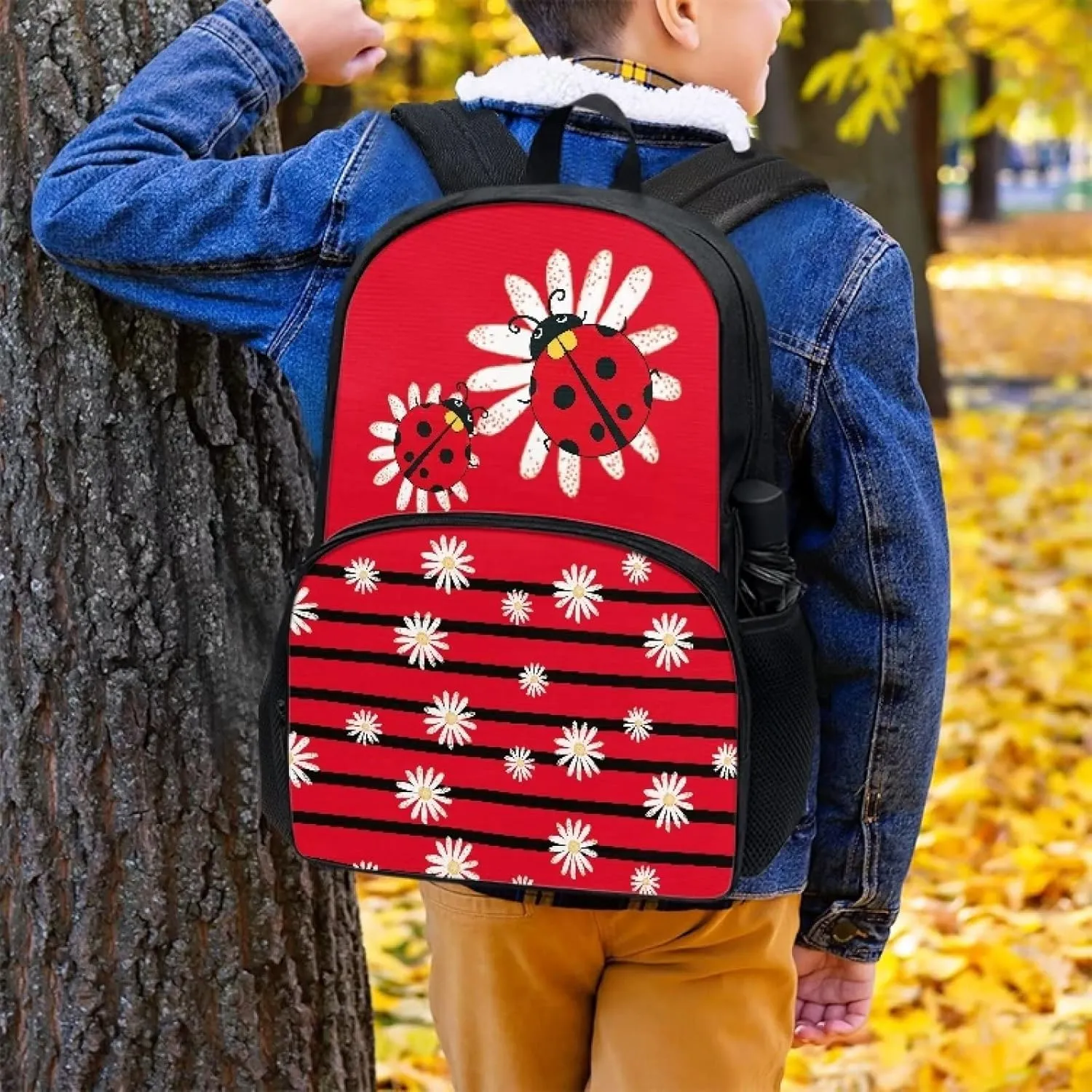 Modysero Red Stripes Ladybug Daisy Print Custom Student Backpack Lightweight Large Capacity School Bag with Two Side Pocket Travel Picnic Casual Backpack for Girls