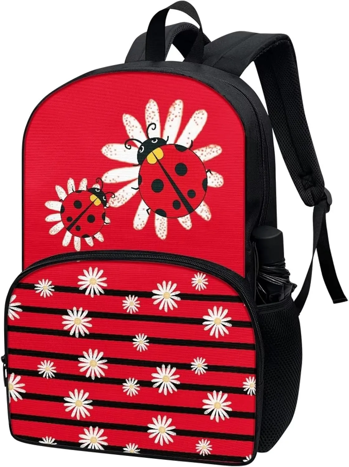Modysero Red Stripes Ladybug Daisy Print Custom Student Backpack Lightweight Large Capacity School Bag with Two Side Pocket Travel Picnic Casual Backpack for Girls