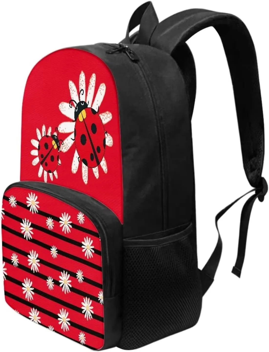 Modysero Red Stripes Ladybug Daisy Print Custom Student Backpack Lightweight Large Capacity School Bag with Two Side Pocket Travel Picnic Casual Backpack for Girls