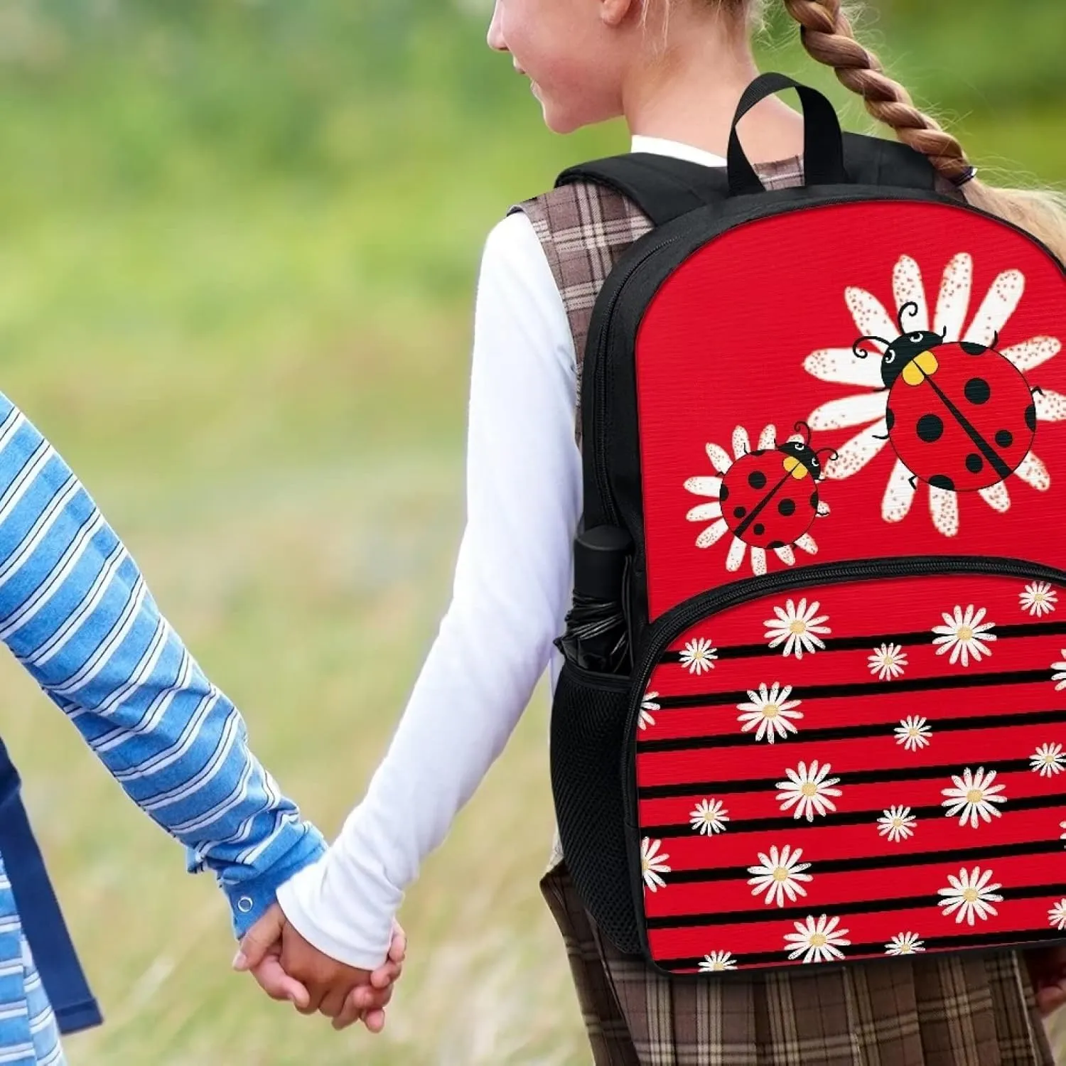 Modysero Red Stripes Ladybug Daisy Print Custom Student Backpack Lightweight Large Capacity School Bag with Two Side Pocket Travel Picnic Casual Backpack for Girls