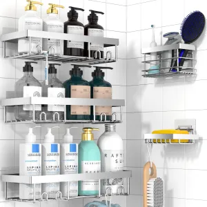 Moforoco Adhesive Shower Caddy Organizer Shelves Rack - 5 Pack Corner Bathroom Storage Organization, Home & Kitchen Decor Inside RV Accessories, Hanging First Apartment Household Camper Essentials