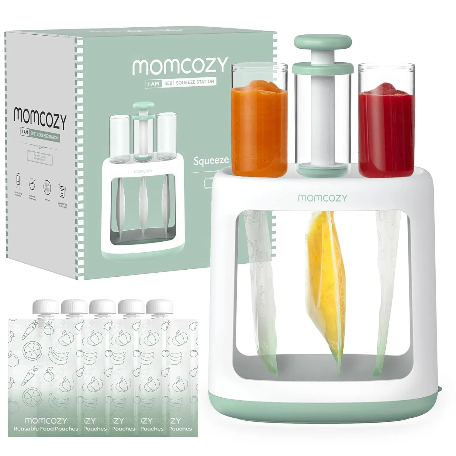 Momcozy Squeeze Station For Homemade Baby Food,Pouch Filling Station For Puree Food For Babies&Toddlers,No Food Splashing,Dishwasher Safe,BPA-Free,With Reusable Bags