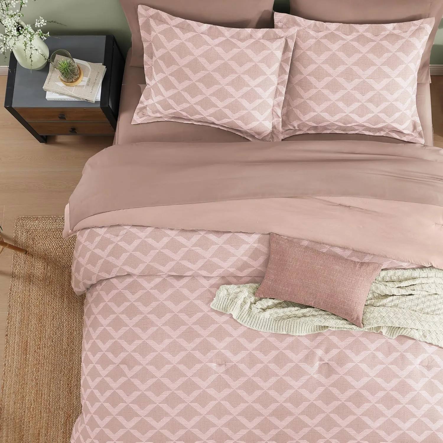 Monbix Jacquard Queen Comforter Set, 7 Pieces Geometric Rose Diamond Farmhouse Bedding Set for Girl Women, All Season Boho Bed in a Bag with Comforter, Sheets, Pillowcases & Shams