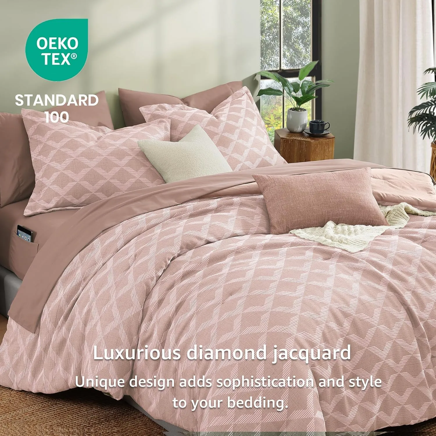 Monbix Jacquard Queen Comforter Set, 7 Pieces Geometric Rose Diamond Farmhouse Bedding Set for Girl Women, All Season Boho Bed in a Bag with Comforter, Sheets, Pillowcases & Shams