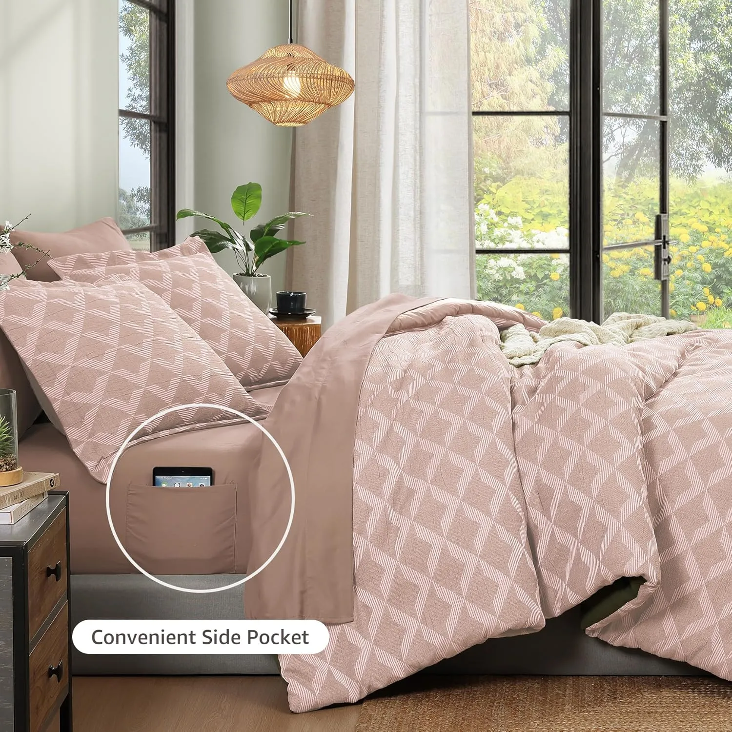 Monbix Jacquard Queen Comforter Set, 7 Pieces Geometric Rose Diamond Farmhouse Bedding Set for Girl Women, All Season Boho Bed in a Bag with Comforter, Sheets, Pillowcases & Shams