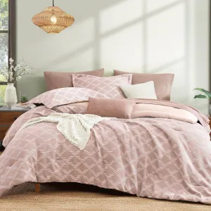 Monbix Jacquard Queen Comforter Set, 7 Pieces Geometric Rose Diamond Farmhouse Bedding Set for Girl Women, All Season Boho Bed in a Bag with Comforter, Sheets, Pillowcases & Shams