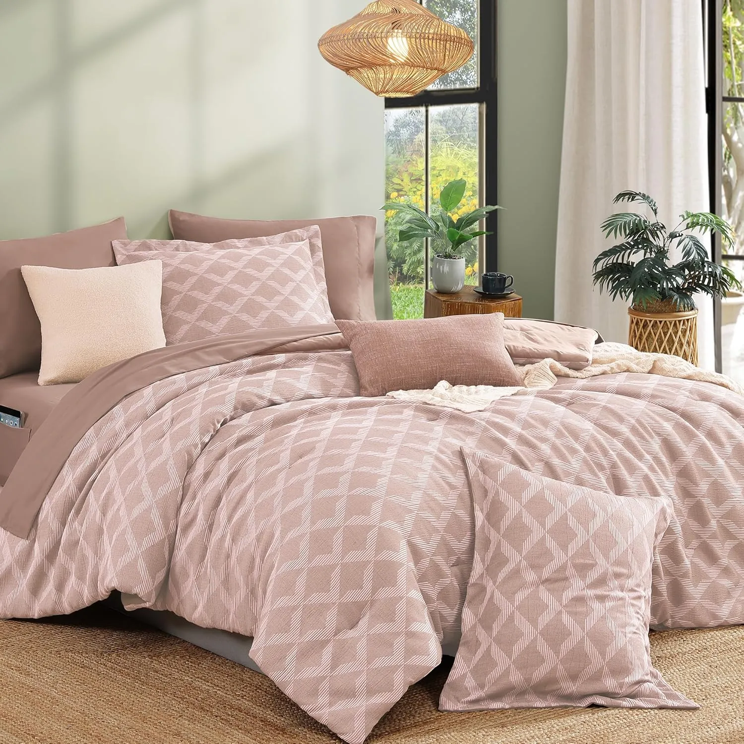 Monbix Jacquard Queen Comforter Set, 7 Pieces Geometric Rose Diamond Farmhouse Bedding Set for Girl Women, All Season Boho Bed in a Bag with Comforter, Sheets, Pillowcases & Shams