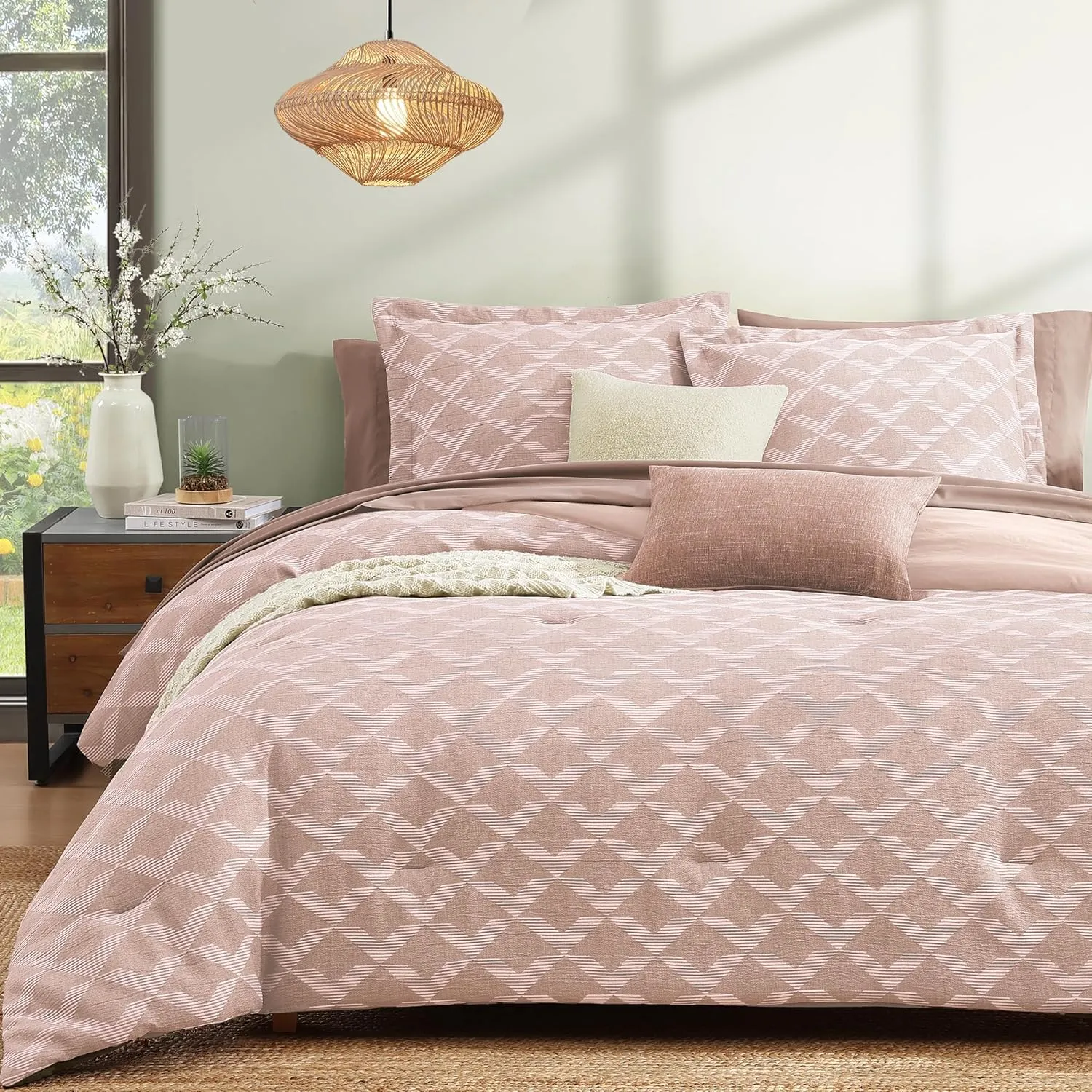 Monbix Jacquard Queen Comforter Set, 7 Pieces Geometric Rose Diamond Farmhouse Bedding Set for Girl Women, All Season Boho Bed in a Bag with Comforter, Sheets, Pillowcases & Shams