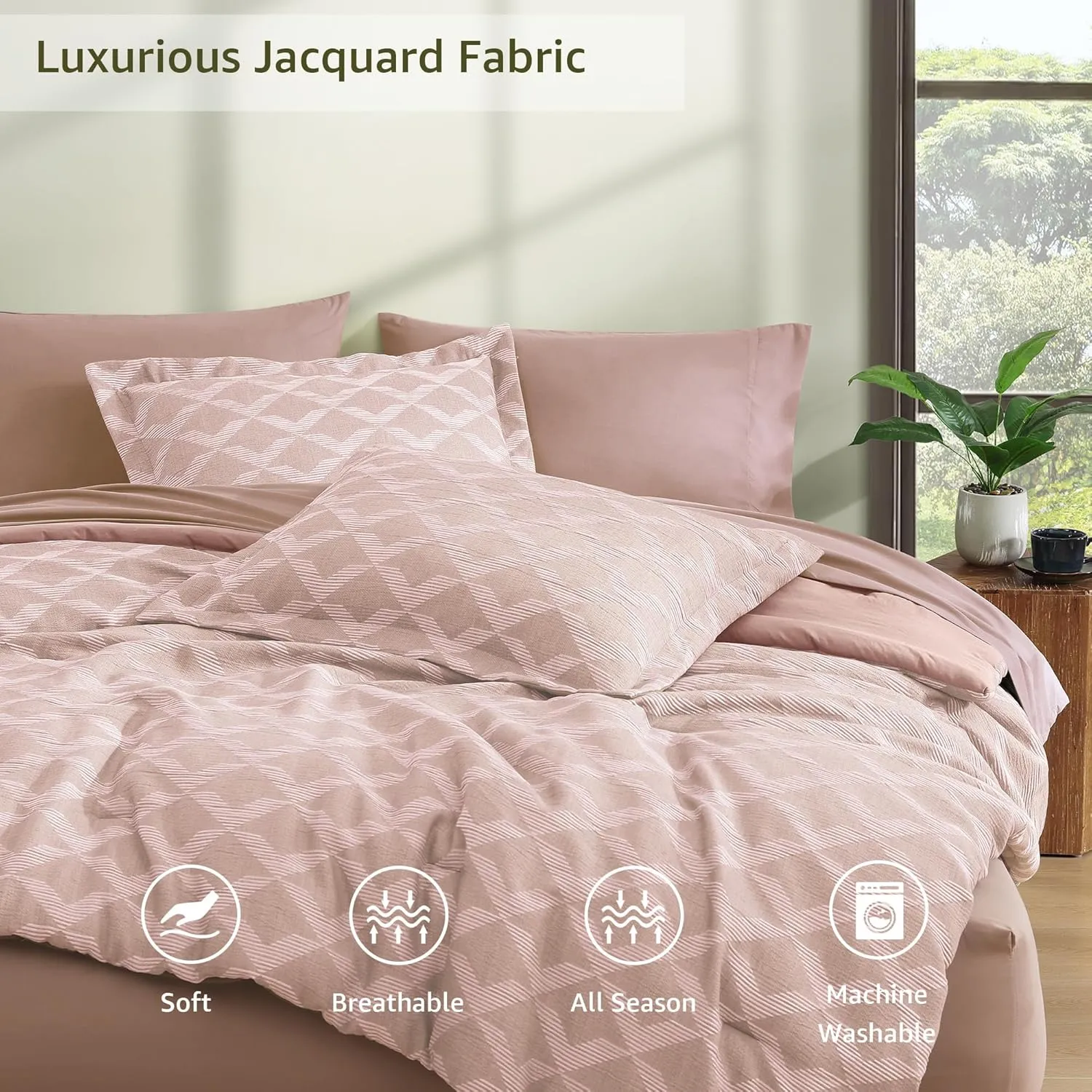 Monbix Jacquard Queen Comforter Set, 7 Pieces Geometric Rose Diamond Farmhouse Bedding Set for Girl Women, All Season Boho Bed in a Bag with Comforter, Sheets, Pillowcases & Shams