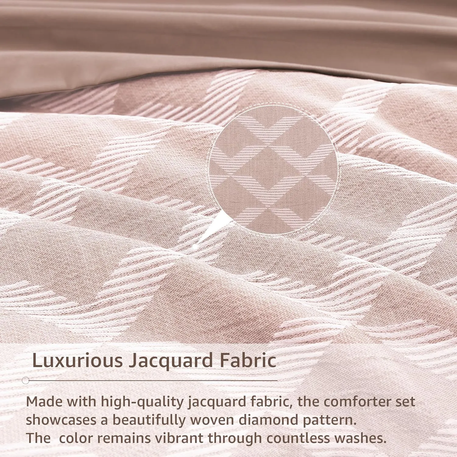 Monbix Jacquard Queen Comforter Set, 7 Pieces Geometric Rose Diamond Farmhouse Bedding Set for Girl Women, All Season Boho Bed in a Bag with Comforter, Sheets, Pillowcases & Shams