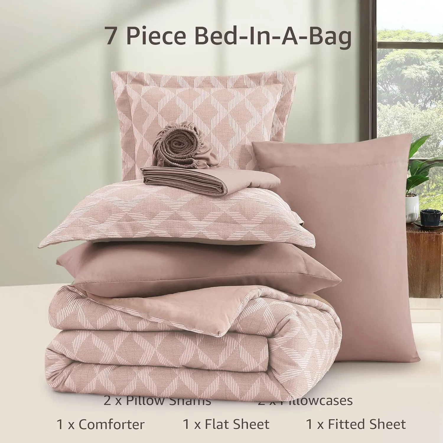 Monbix Jacquard Queen Comforter Set, 7 Pieces Geometric Rose Diamond Farmhouse Bedding Set for Girl Women, All Season Boho Bed in a Bag with Comforter, Sheets, Pillowcases & Shams