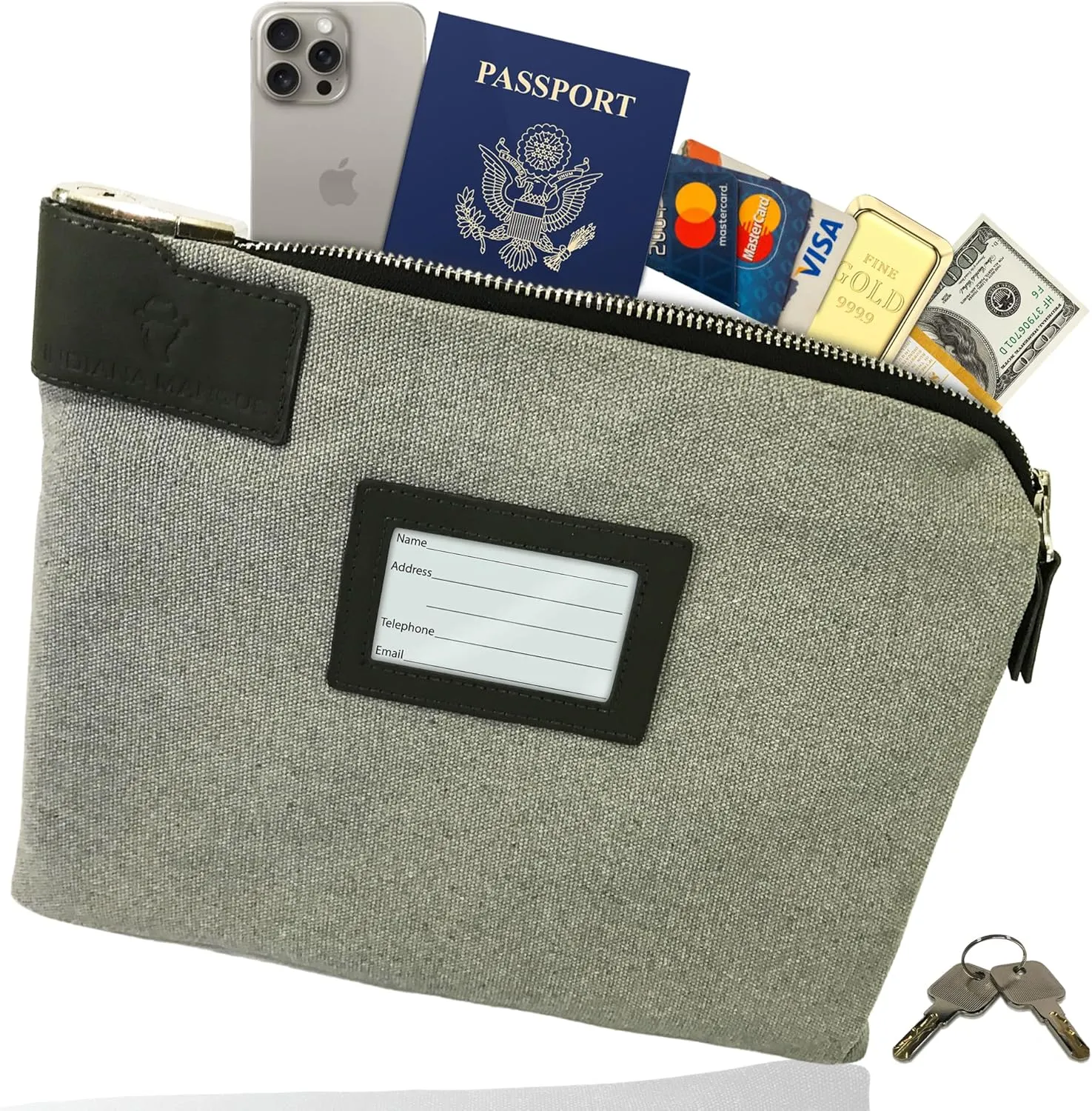 Money Bag with Lock and 2 Keys, Bank Cash Bags with Zipper, 11 x 8.6 inches, Document Bag, HIPAA, Water-resistant Waxed Canvas and Leatherette. (Gray)