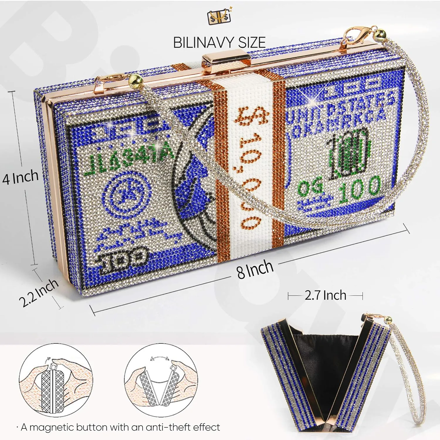 Money Clutch Purses for Women, Stack of Cash Dollars Crystal Clutch Purses, Women Diamond Evening Bags Party Cocktail Rhinestone Handbags, Wedding Dinner Bag, Blue