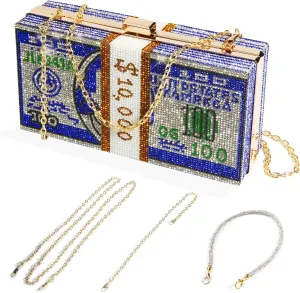 Money Clutch Purses for Women, Stack of Cash Dollars Crystal Clutch Purses, Women Diamond Evening Bags Party Cocktail Rhinestone Handbags, Wedding Dinner Bag, Blue