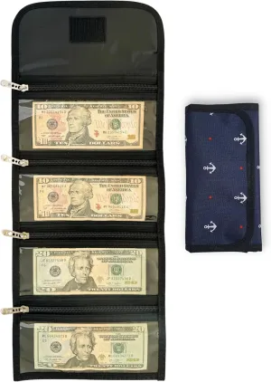 Money Wallet Organizer for Cash with 4 Zippered Pockets - Cash Bag with Dividers - Handy Currency Organizer - Money Holder for Bills, Coins, Foreign Currencies - Anchor
