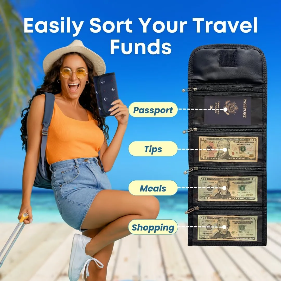 Money Wallet Organizer for Cash with 4 Zippered Pockets - Cash Bag with Dividers - Handy Currency Organizer - Money Holder for Bills, Coins, Foreign Currencies - Anchor