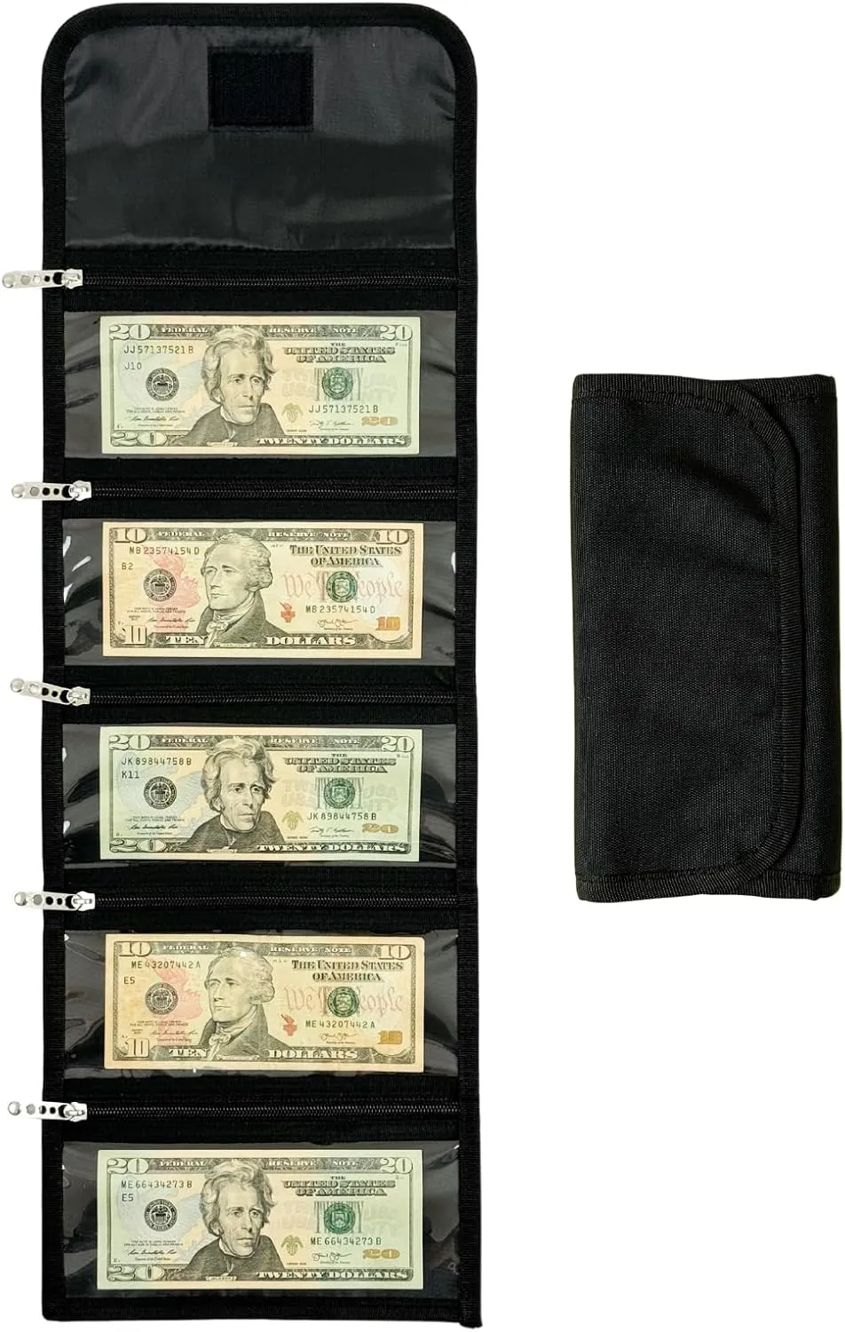 Money Wallet Organizer for Cash with 5 Zippered Pockets - Handy Currency Organizer & Cash Envelope Wallet - Ideal Money Holder for Bills, Coins, Foreign Currencies and Travel - Black