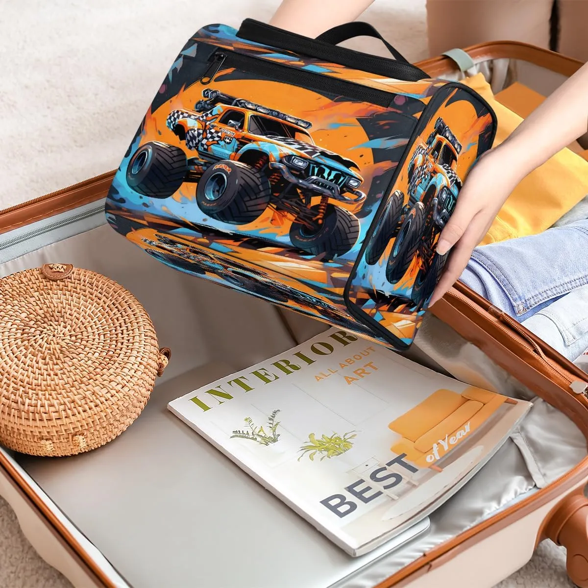 Monster Truck Travel Toiletry Bag for Men and Women, Large Hanging Makeup Bag Organizer Toiletries Bag for Travel, Cosmetic Bag with Handle