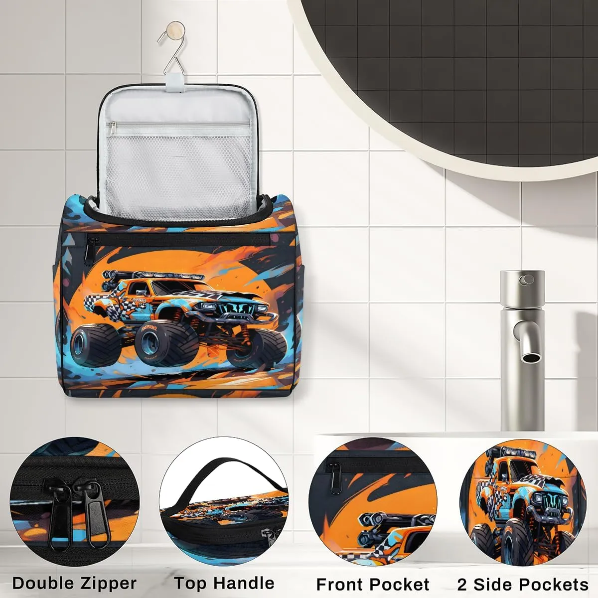 Monster Truck Travel Toiletry Bag for Men and Women, Large Hanging Makeup Bag Organizer Toiletries Bag for Travel, Cosmetic Bag with Handle