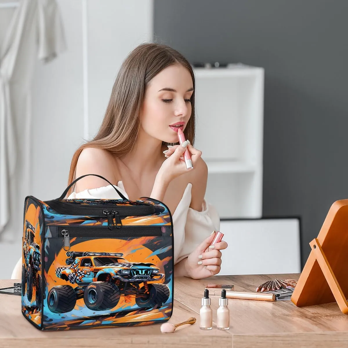Monster Truck Travel Toiletry Bag for Men and Women, Large Hanging Makeup Bag Organizer Toiletries Bag for Travel, Cosmetic Bag with Handle
