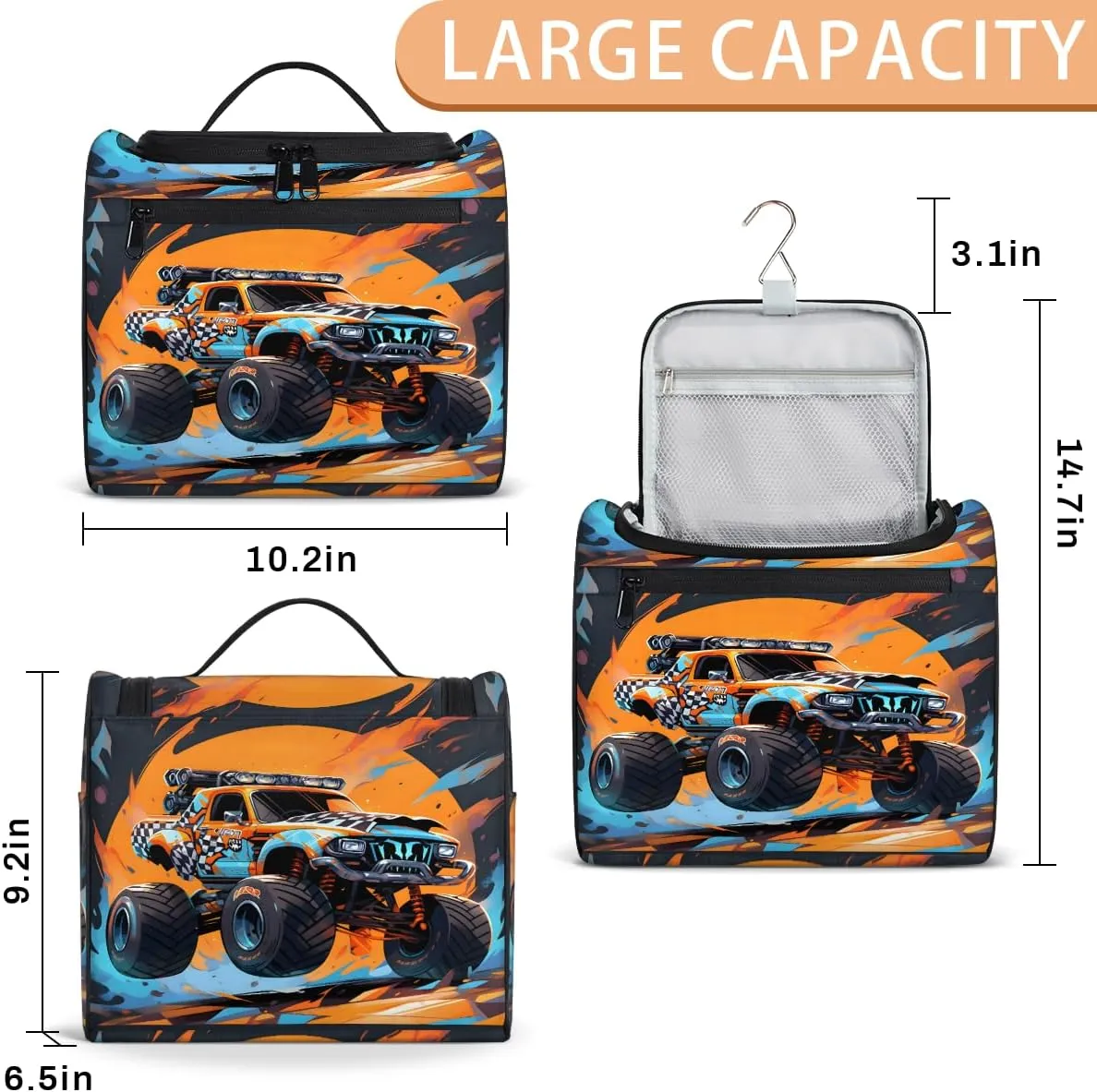 Monster Truck Travel Toiletry Bag for Men and Women, Large Hanging Makeup Bag Organizer Toiletries Bag for Travel, Cosmetic Bag with Handle