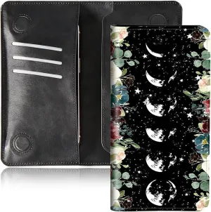 Moon Wild Floral Bifold Wallet for Men Women,PU Leather Dual Magnetic Clasp Closure Long Wallet Clutch Bag with RFID Blocking Money Phone Pockets& Card Slots