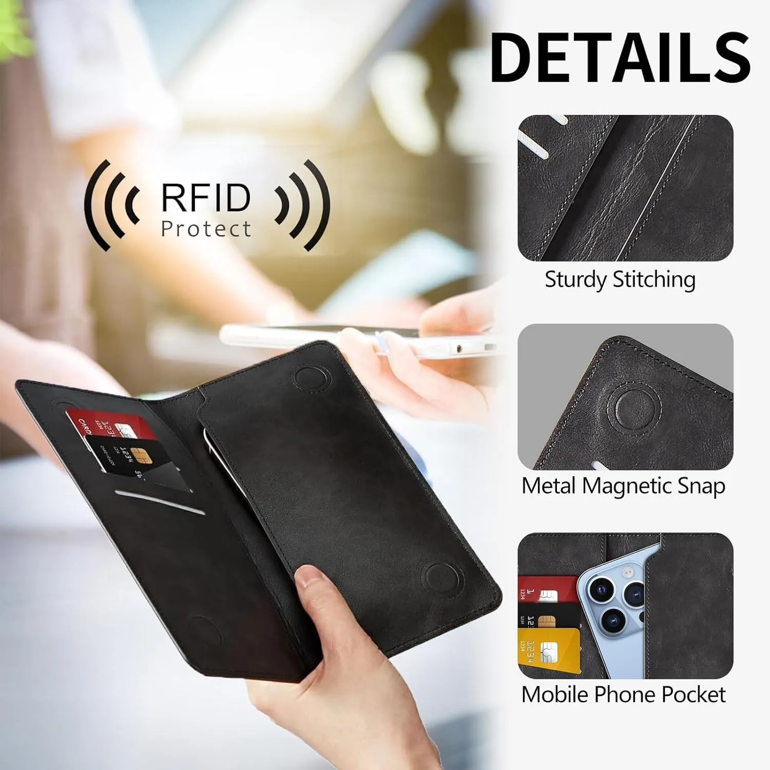 Moon Wild Floral Bifold Wallet for Men Women,PU Leather Dual Magnetic Clasp Closure Long Wallet Clutch Bag with RFID Blocking Money Phone Pockets& Card Slots