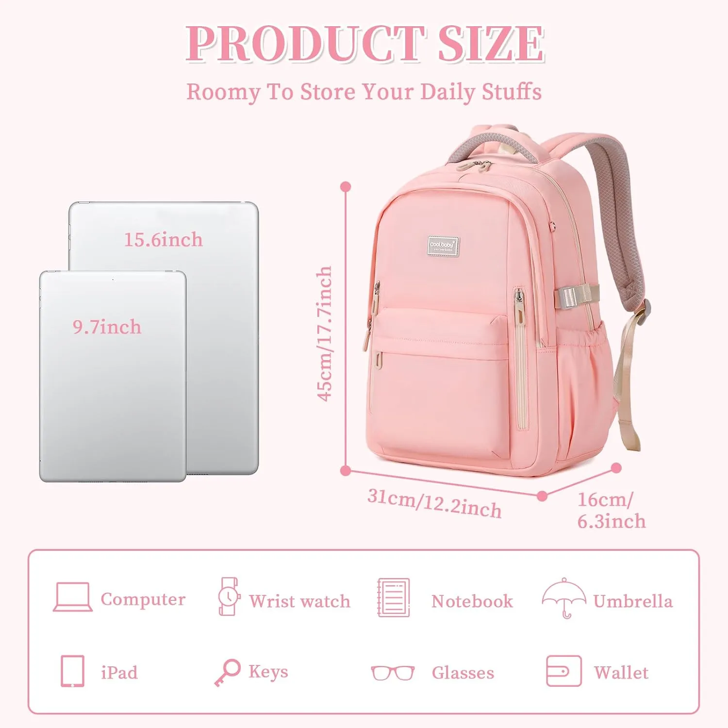 MOONBABY Backpack for School, Classic College Backpack Multiple-pocket Bookbag for Teen Boys Girls Travel Backpacks with Luggage Strap for Women Men, Pink