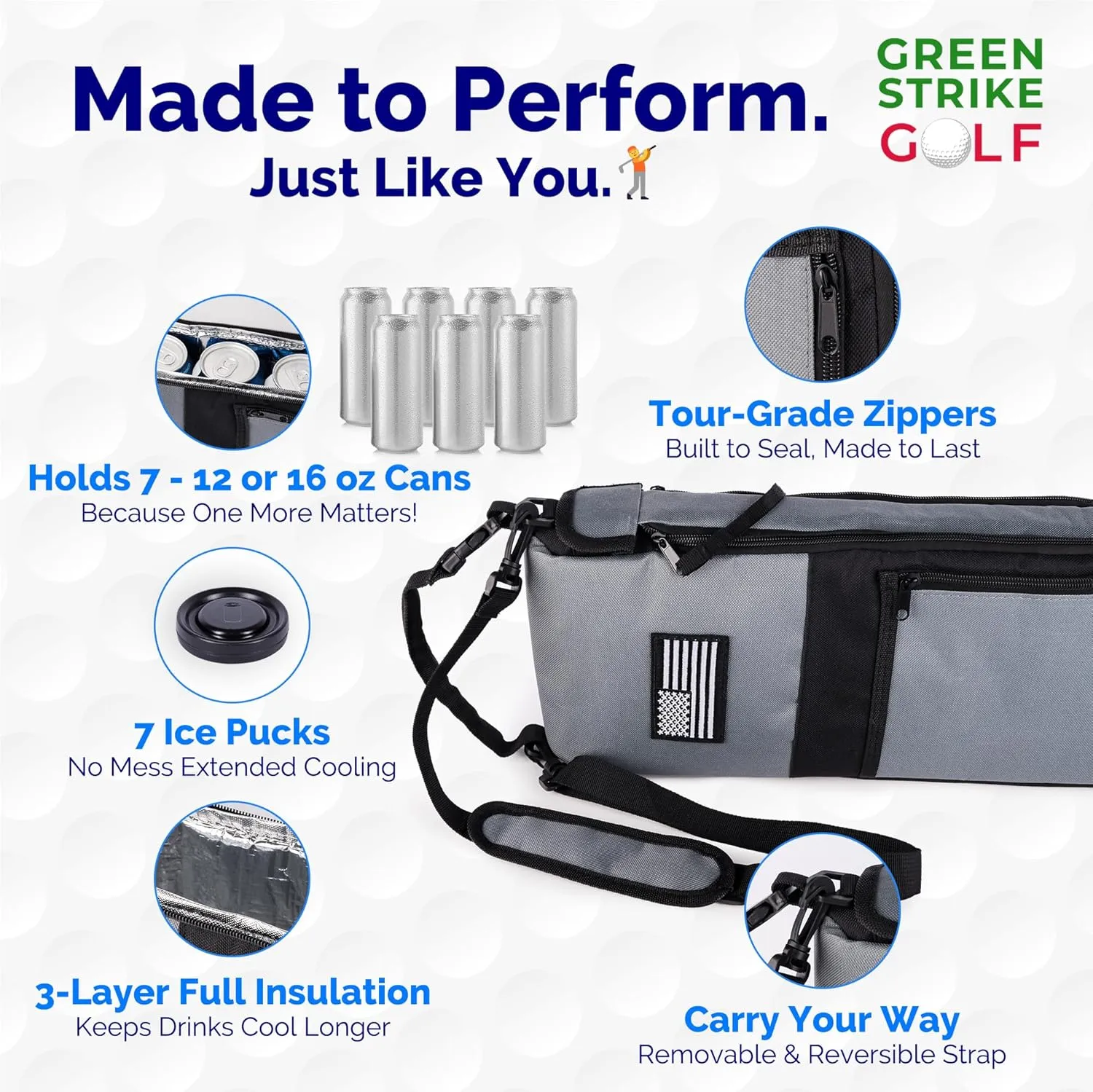 More Capacity Golf Beer Sleeve with Enhanced Adjustable Strap – Golf Bag Beer Cooler with 7 Ice Pucks, Leak-Proof Zipper & Triple Insulation – Customer-Favorite Golfing Gifts & Golf Bag Accessories