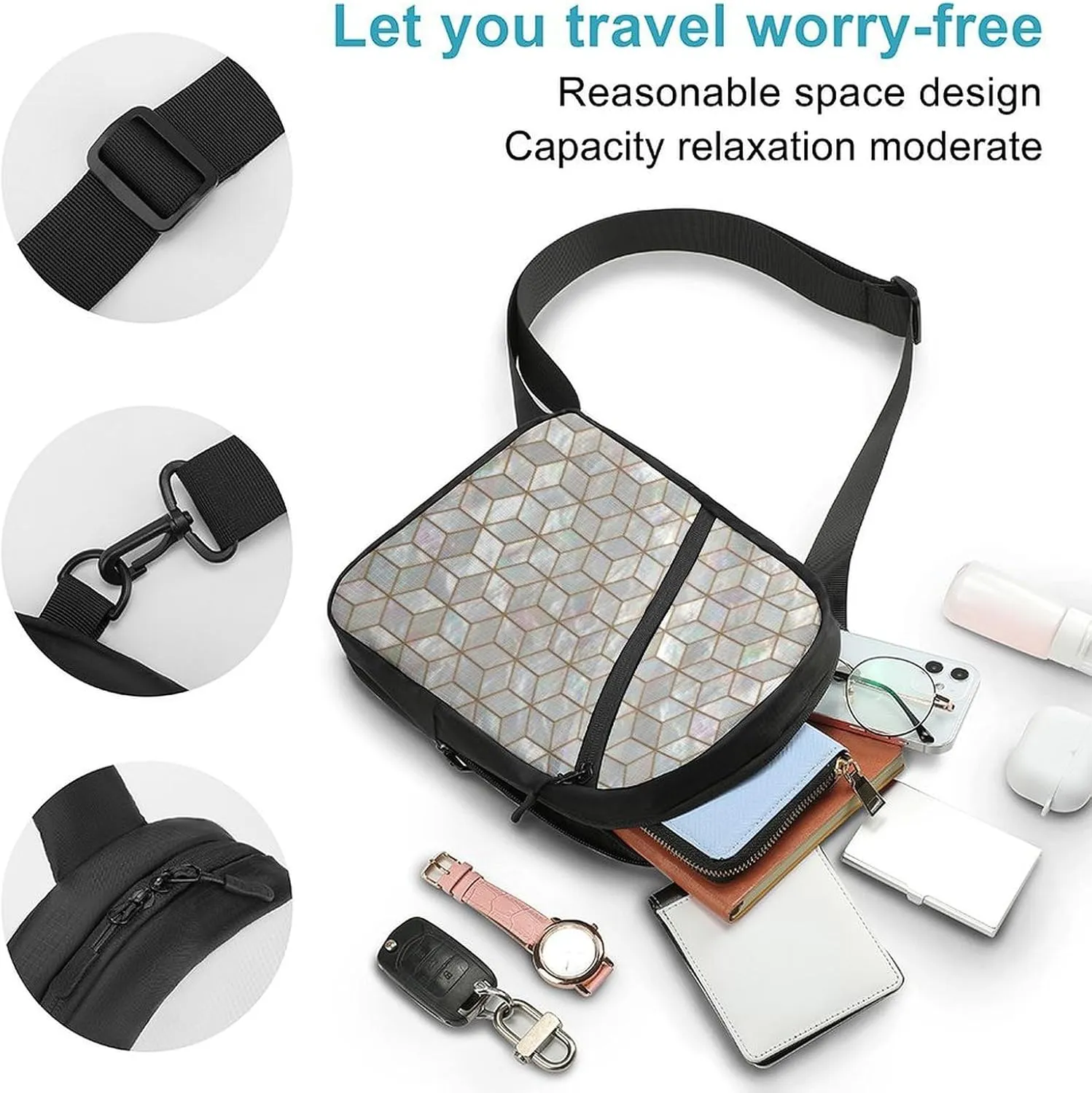 Mother Pearl Tiles Folding Chest Bag with Multiple Pockets Lightweight And Durable Design