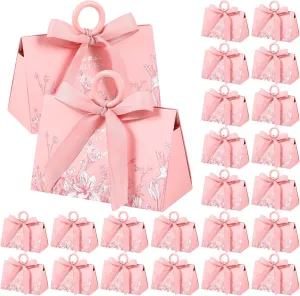 MotiMind 30 Sets Wedding Favor Boxes Cardboard Candy Box 5.9 x 3.9 x 2.8 in Triangular Chocolate Gift Wrap Bags with Wooden Handle and Ribbon for Bridal Party Boutique Souvenirs Anniversary for Guests