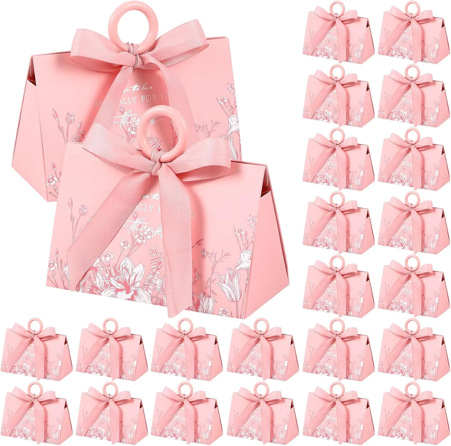 MotiMind 30 Sets Wedding Favor Boxes Cardboard Candy Box 5.9 x 3.9 x 2.8 in Triangular Chocolate Gift Wrap Bags with Wooden Handle and Ribbon for Bridal Party Boutique Souvenirs Anniversary for Guests