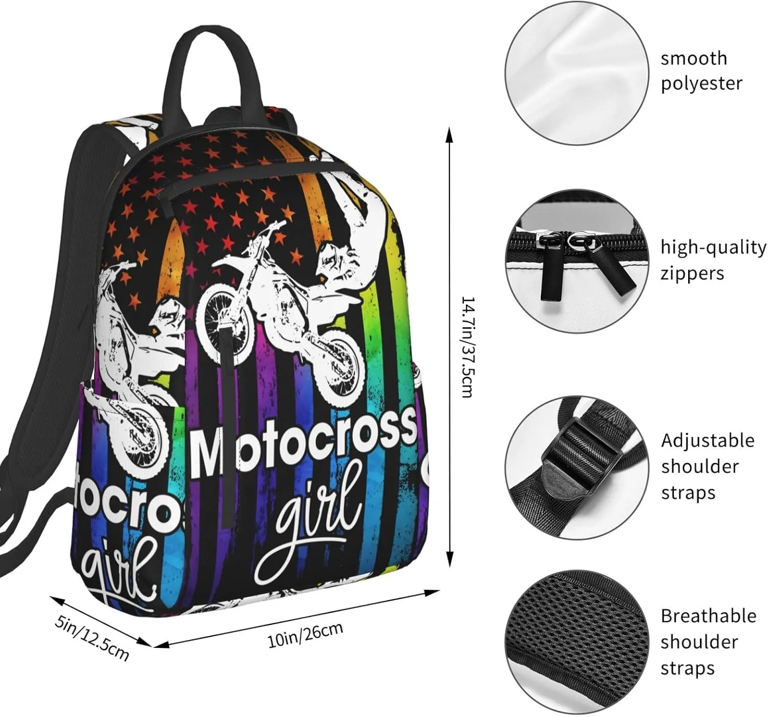 Motocross Dirt Bike Rider Racing Womens American Flag Casual Backpacks Laptop Backpack Outdoor Travel Rucksack Sport Carry-On Daypack Lightweight Bag with Multi-Pockets