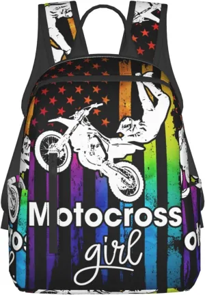 Motocross Dirt Bike Rider Racing Womens American Flag Casual Backpacks Laptop Backpack Outdoor Travel Rucksack Sport Carry-On Daypack Lightweight Bag with Multi-Pockets