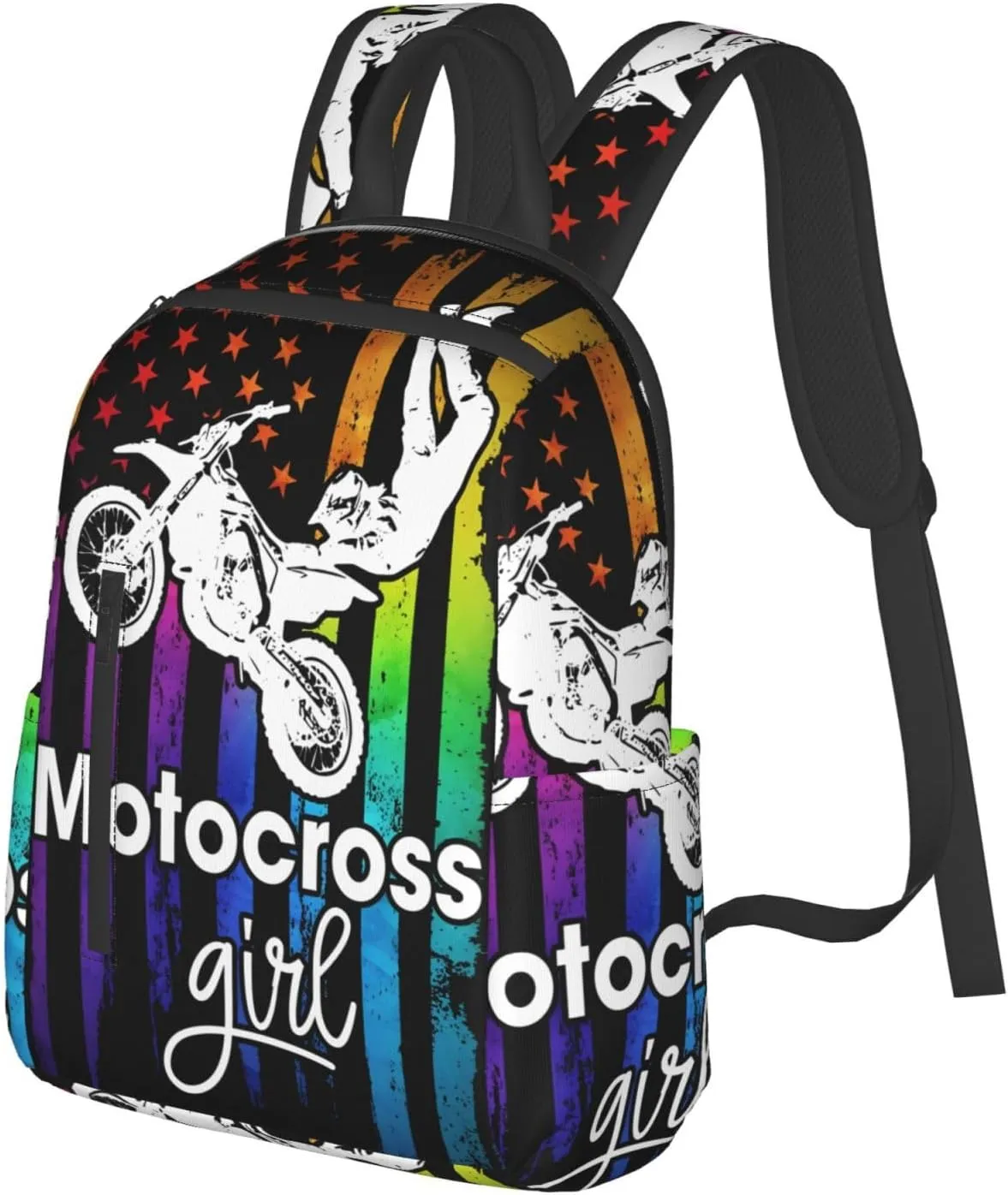 Motocross Dirt Bike Rider Racing Womens American Flag Casual Backpacks Laptop Backpack Outdoor Travel Rucksack Sport Carry-On Daypack Lightweight Bag with Multi-Pockets
