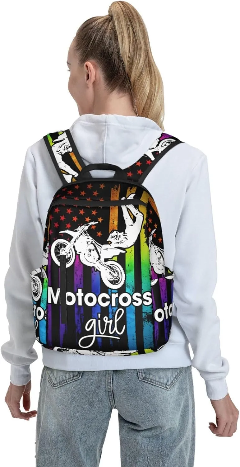 Motocross Dirt Bike Rider Racing Womens American Flag Casual Backpacks Laptop Backpack Outdoor Travel Rucksack Sport Carry-On Daypack Lightweight Bag with Multi-Pockets