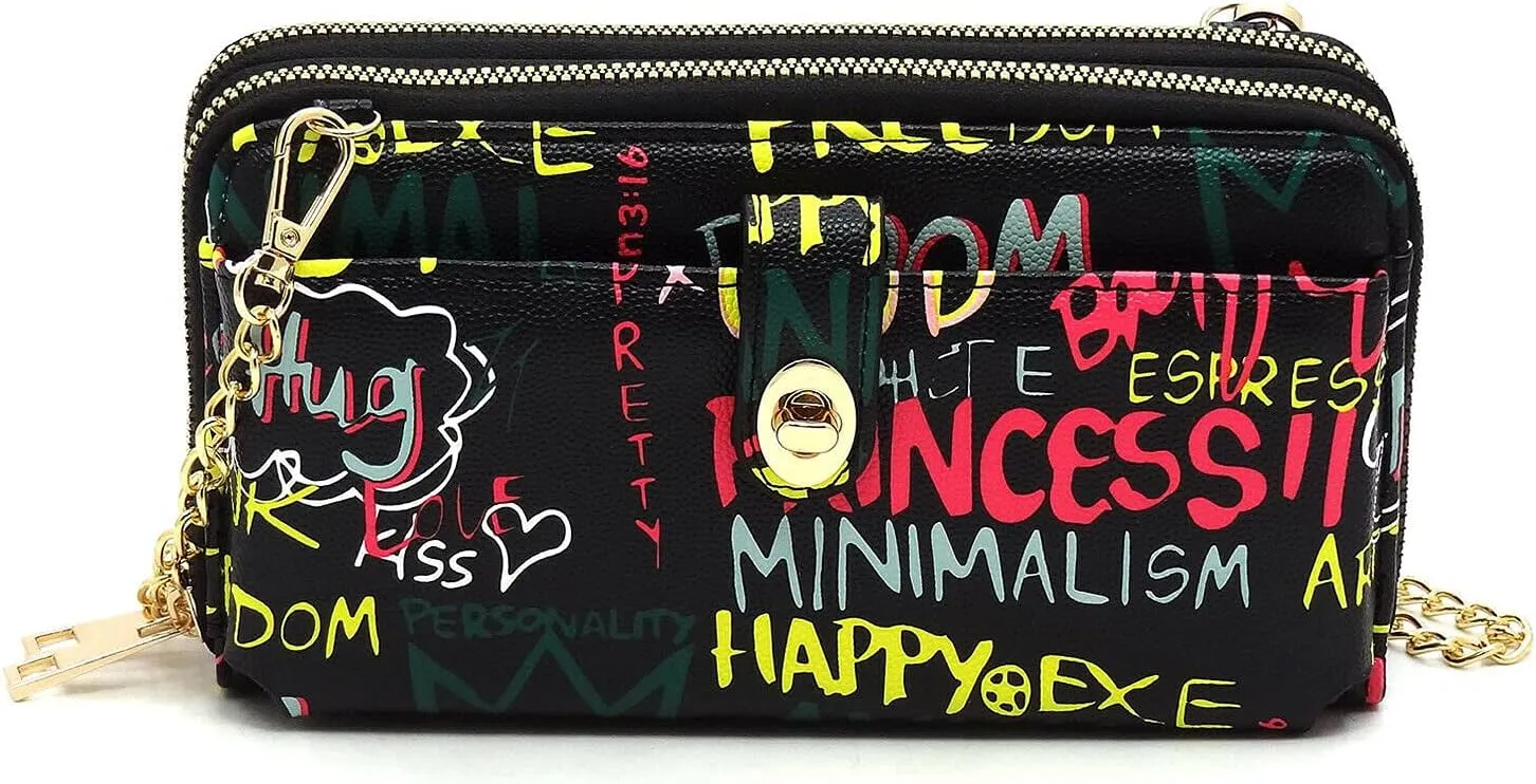 Multicolor Graffiti Printed Cell Phone Purse Wallet Smartphone Crossbody Wallet Travel Multifunction Phone Case Wristlet