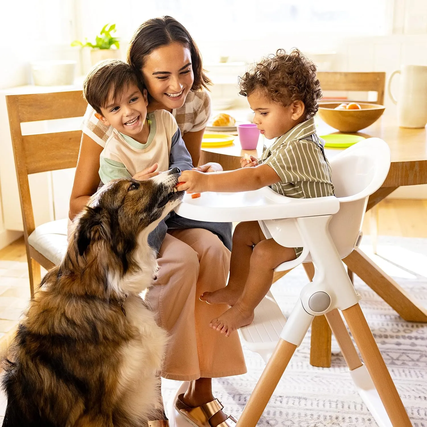 Munchkin Float Baby High Chair, Foldable and Easy to Clean, for Babies and Toddlers, White with Wooden Legs